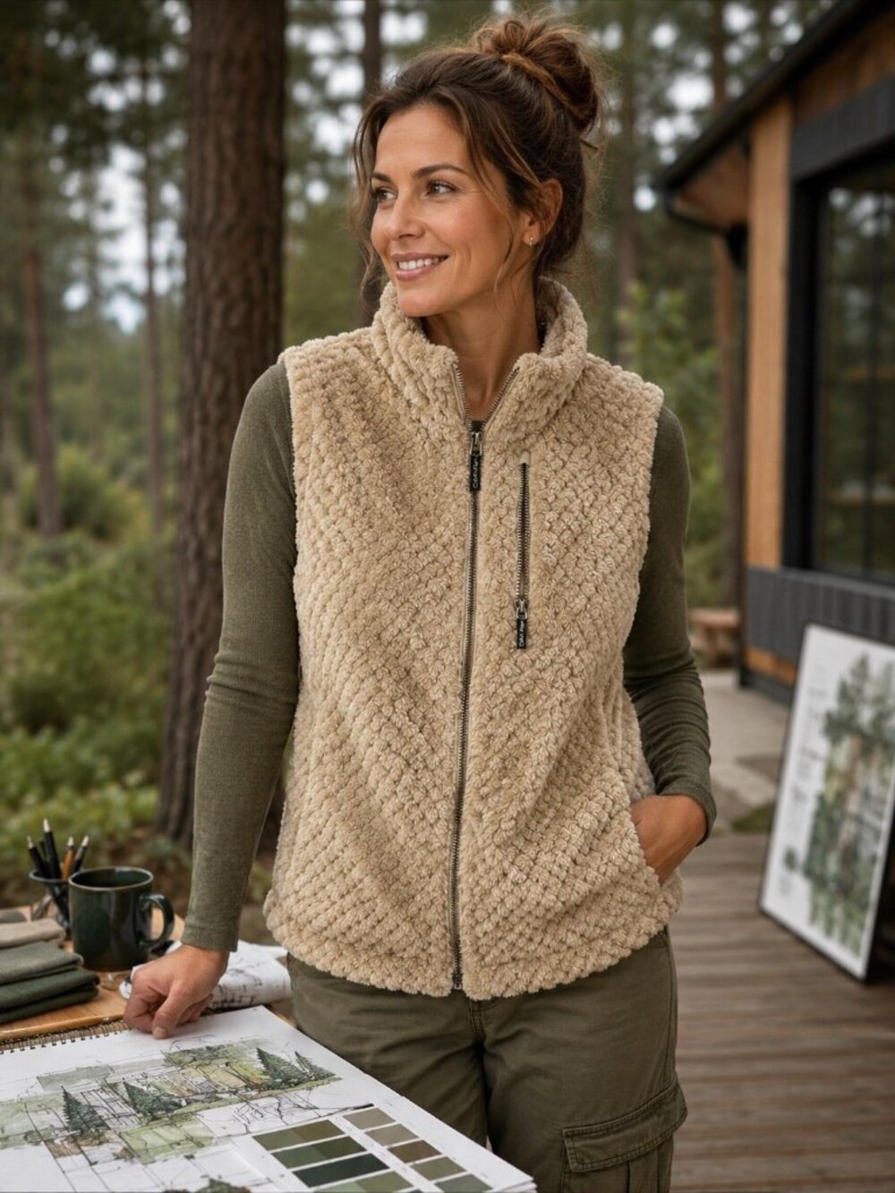 Calvin Klein Womens Sherpa Fleece Vest Beige Full Zip Pockets XL Soft Cozy